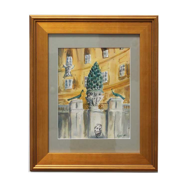 a painting in a frame hanging on a wall